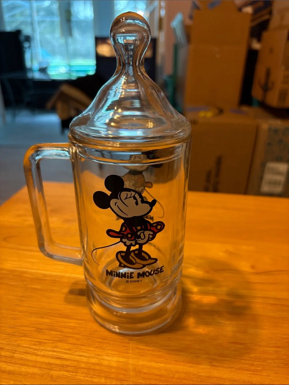Disney Minnie Mouse Clear Glass Mug with Black and Red Graphic and Clear Lid